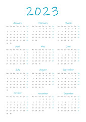 calendar 2023, week starts on Monday, basic business template. vector illustration