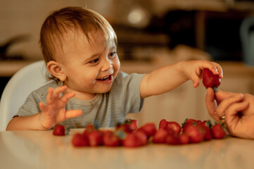 Fototapeta na wymiar the baby reaches for the strawberry, which is held by dad's hand. The child eats berries, vitamins, healthy food