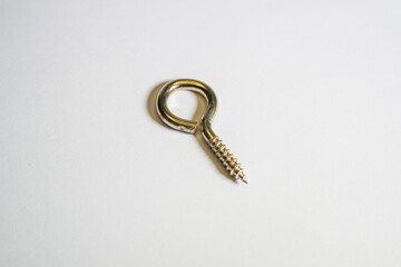 Single focus on hook screw eye, hook screw isolated on white background. Thread hook screw eye.