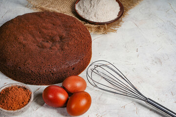 Chocolate sponge cake with copy space or biscuit cake so soft and delicious with ingredients eggs, flour and cacao.