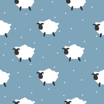 Seamless sheep pattern. Cute white  sheep  and dots. blue  background. The print is suitable for textiles and Wallpaper.