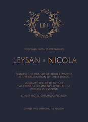 Fototapeta na wymiar Invitation card template with wildflower frame. Classic graphic elements. Elegant wedding invitation. 