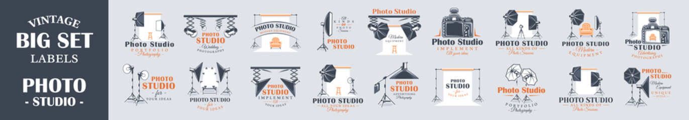 Set of vintage photo studio labels. Templates for the design of logos and emblems. Collection of photo studio symbols: spotlight, flash, backdrop. Vector illustration
