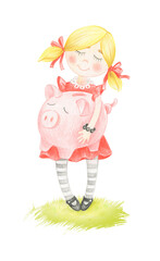 The girl is holding a piggy bank