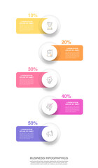 Modern vector infographics design template. Concept with five steps, labels. Creative timeline with graph elements, percentage circles and icons. Performance analysis in percent