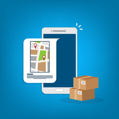 Parcel delivery tracking on mobile phone. Smartphone with city map on screen and pin pointers, destination location with packaging boxes.	