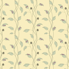 Bright colored seamless pattern with cute caterpillar eats a leaf