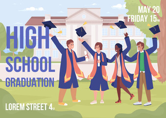 High school graduation party flat vector banner template. Education. Student festive event poster, leaflet printable color designs. Editable flyer page with text space. Bebas Neue used