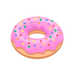 Delicious doughnut with pink glaze, isolated on a white background.Vector illustration of confectionery for the menu of bakeries, cafes, restaurants.