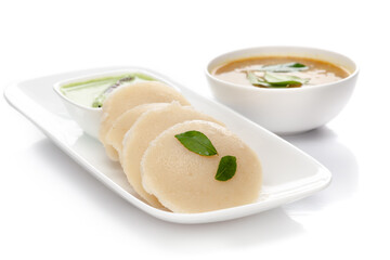Close-up of Idli Sambhar or Idly Sambar is a popular south Indian food, served with coconut chutney. 