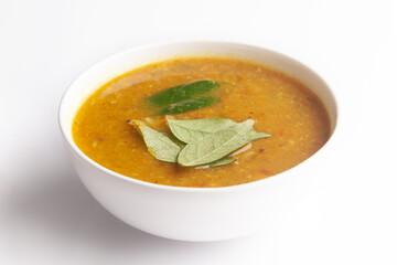 Close-up of Sambhar or Sambar is a popular south Indian food, made with lentils and many vegetables  