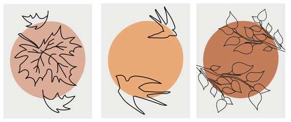 Collection of modern simple minimalistic abstractions: silhouette (sketch) of swallow birds, maple leaves, and a tree branch with geometric shapes (circles) on a colored background
