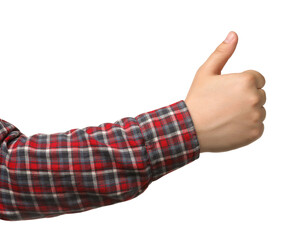 Man showing thumb up on white background, closeup of hand. Hitchhiking gesture