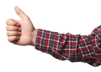 Man showing thumb up on white background, closeup of hand. Hitchhiking gesture