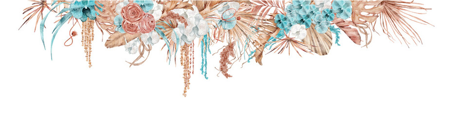 Watercolor tropical border with dried palm leaves and flowers Hand-painted exotic illustration
