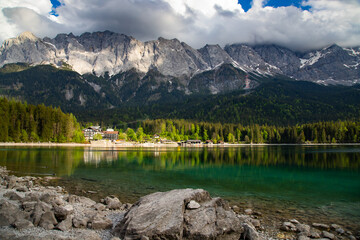 Fototapeta View on the beautiful zugspitze mountain and the eibsee in bavaria, germany obraz