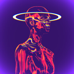 Abstract illustration from 3D rendering of chrome reflecting female bust figure with white halo light ring isolated on background in vaporwave style color palette gradient. - obrazy, fototapety, plakaty