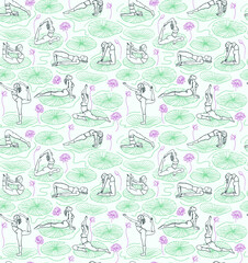 Seamless pattern of women doing yoga among water lilies and lily pads in blue. Suitable for fabrics, wallpaper, stationery, fashion, sports, and wellness.