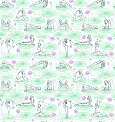 Seamless pattern of women doing yoga among water lilies and lily pads in blue. Suitable for fabrics, wallpaper, stationery, fashion, sports, and wellness.