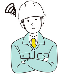 困る作業員男性　ヘルメット
