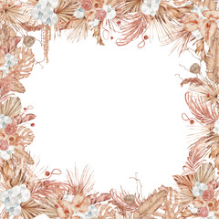 Watercolor tropical frame with dried palm leaves and flowers Hand-painted exotic illustration