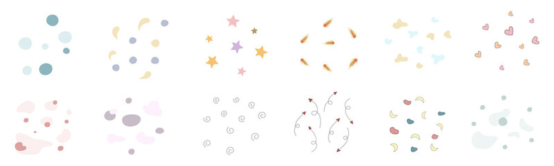 Group element designed with geometric figures in doodle style on a white background. For card decoration, background, paper pattern, digital printing, scrapbook, web decoration and more