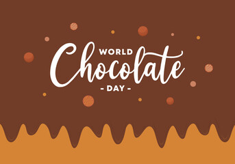 Hand drawn background of happy world chocolate day with hand written text on brown and golden background.