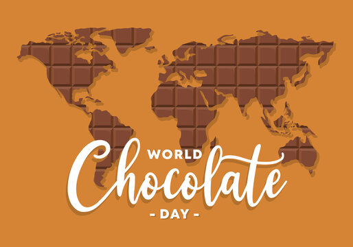 Hand Drawn Background Of Happy World Chocolate Day With World Map And Hand Written Text On Golden Background.