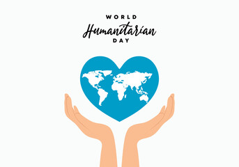 World humanitarian day background with handwritten text, world map in blue love heart symbol and opened han isolated on white background.