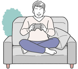 Young Asian man sitting on living room sofa playing video games alone