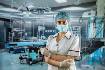 Fototapeta na wymiar Portrait of a young prety female doctor or medical assistant wear white uniform with stethoscope