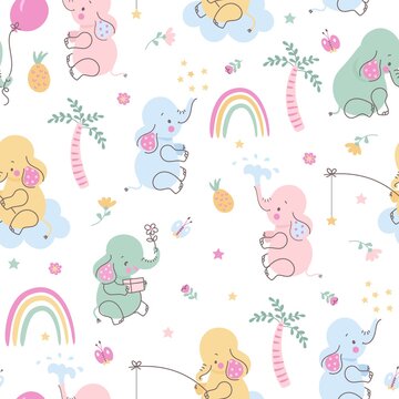 Kid elephant seamless pattern. Elephants and palm tree wallpaper. Cute funny animals scandinavian style for baby, kid wildlife nowaday vector print