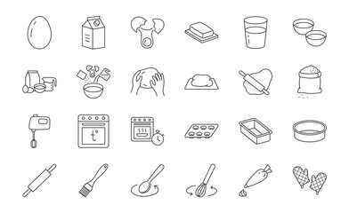 Baking doodle illustration including icons - mixer, glass, preheat oven, form, butter, egg, milk, rolling pin, whisk, confectionery bag, stove. Thin line art about pastry kitchenware. Editable Stroke - 513457720