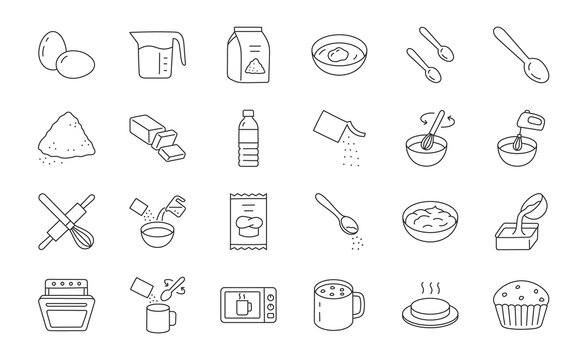 Baking Mixes doodle illustration including icons - water, muffin ingredient, bowl, dough, egg, whisk, stove, melted butter, spoon, pouch. Thin line art about bakery kitchenware. Editable Stroke
