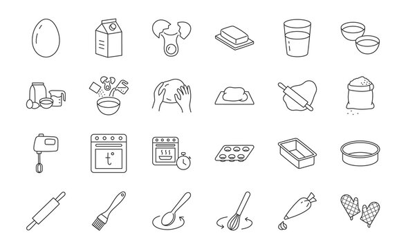 Baking doodle illustration including icons - mixer, glass, preheat oven, form, butter, egg, milk, rolling pin, whisk, confectionery bag, stove. Thin line art about pastry kitchenware. Editable Stroke