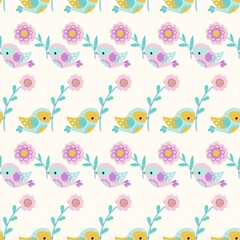 Folk cute birds with flowers seamless pattern. Flying bird, scandinavian style fashion fabric print. Kids design, simple decorative vector background