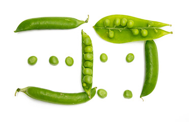 Fresh green peas isolated on a white background, top view.
