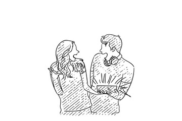 Hand drawn of couple surprised with a video mobile game shown on smartphone. Vector illustration design