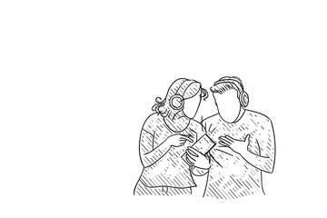 Sketch of couple hearing music video on a smartphone. Vector illustration design