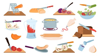 Prepare food process. Cooking, chopped fruit, vegetables on board. Kitchen recipes elements, isolated meal cut with knife. Cook product decent vector set