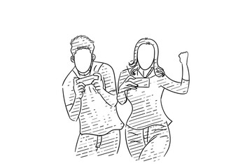 Hand drawn cartoon of couple chilling together while watching videos. Vector illustration design