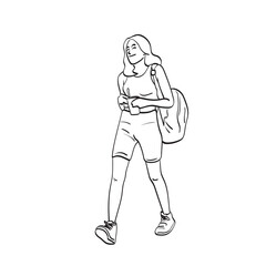 line art full length smiling woman walking with takeaway iced coffee in hand illustration vector hand drawn isolated on white background