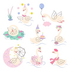 Swan princess. Cartoon swans, vintage watercolor doodle birds and flowers. Cute baby stickers with animal, birthday nursery nowaday vector characters