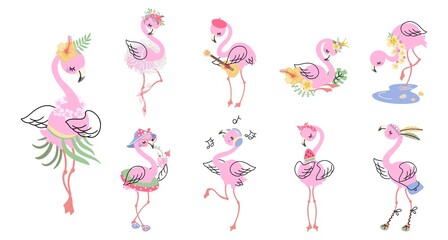 Cartoon pink flamingo. Isolated flamingos birdie, summer clipart with exotic tropical birds. Cute zoo animal print, funny nowaday vector wild characters