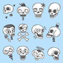 Cartoon skull set. Doodle skulls stickers, happy crossbones dead pirate symbol. Funny graves, sweet skeleton heads and death day neoteric vector clipart