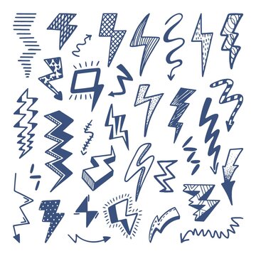 Doodle flash set. Thunder lighting drawing, power or electricity doodles sketch. Light bolt emblem, neoteric flashes retro scribble vector kit