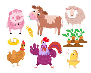Cute farm animals. Vector color illustrations on white background. Icons for design of posters, books, puzzles.