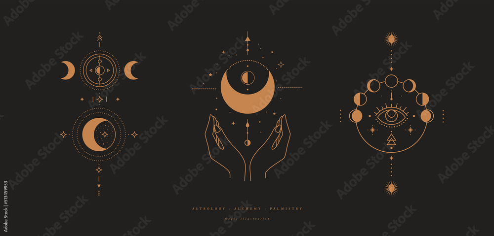 Aufkleber set of mystical compositions with crescent moon, phases of the moon, stars, hands on dark background