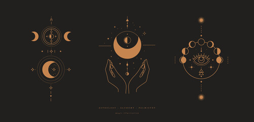Set of mystical compositions with crescent moon, phases of the moon, stars, hands on dark background. Boho style and esoteric. Ethnic magic and astrological symbols. Vector illustration.