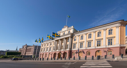 The house of the ministry for Foreign Affairs and the parliament building a sunny summer day morning in Stockholm